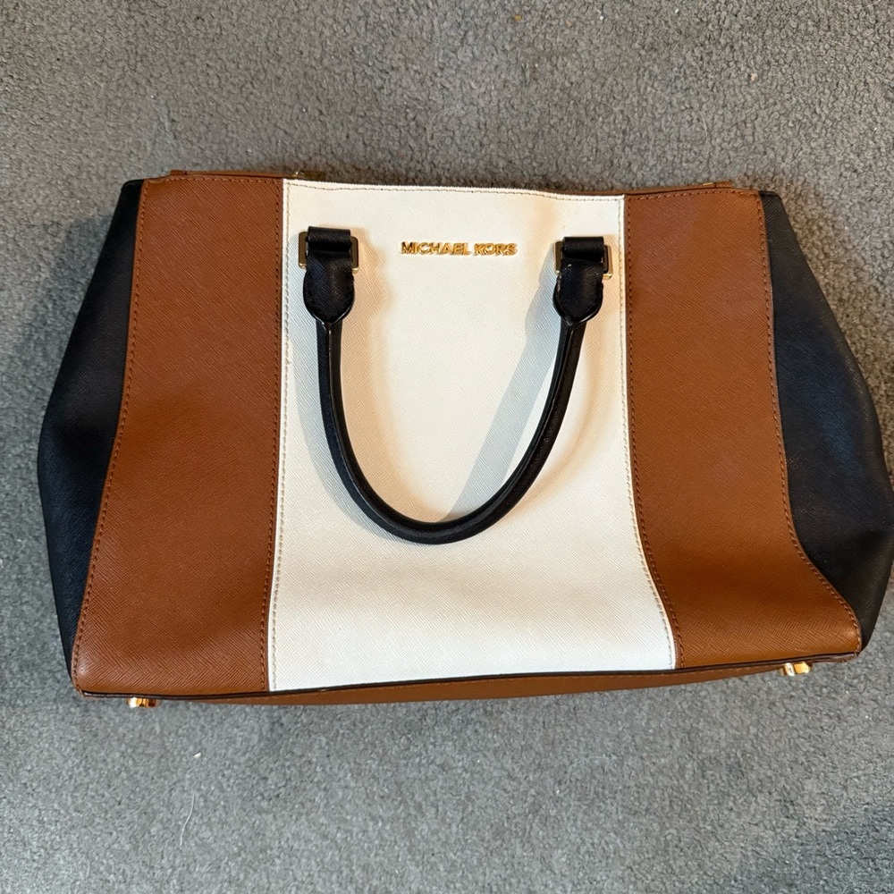 Michael Kors Sutton center stripe Saffiano leather satchel